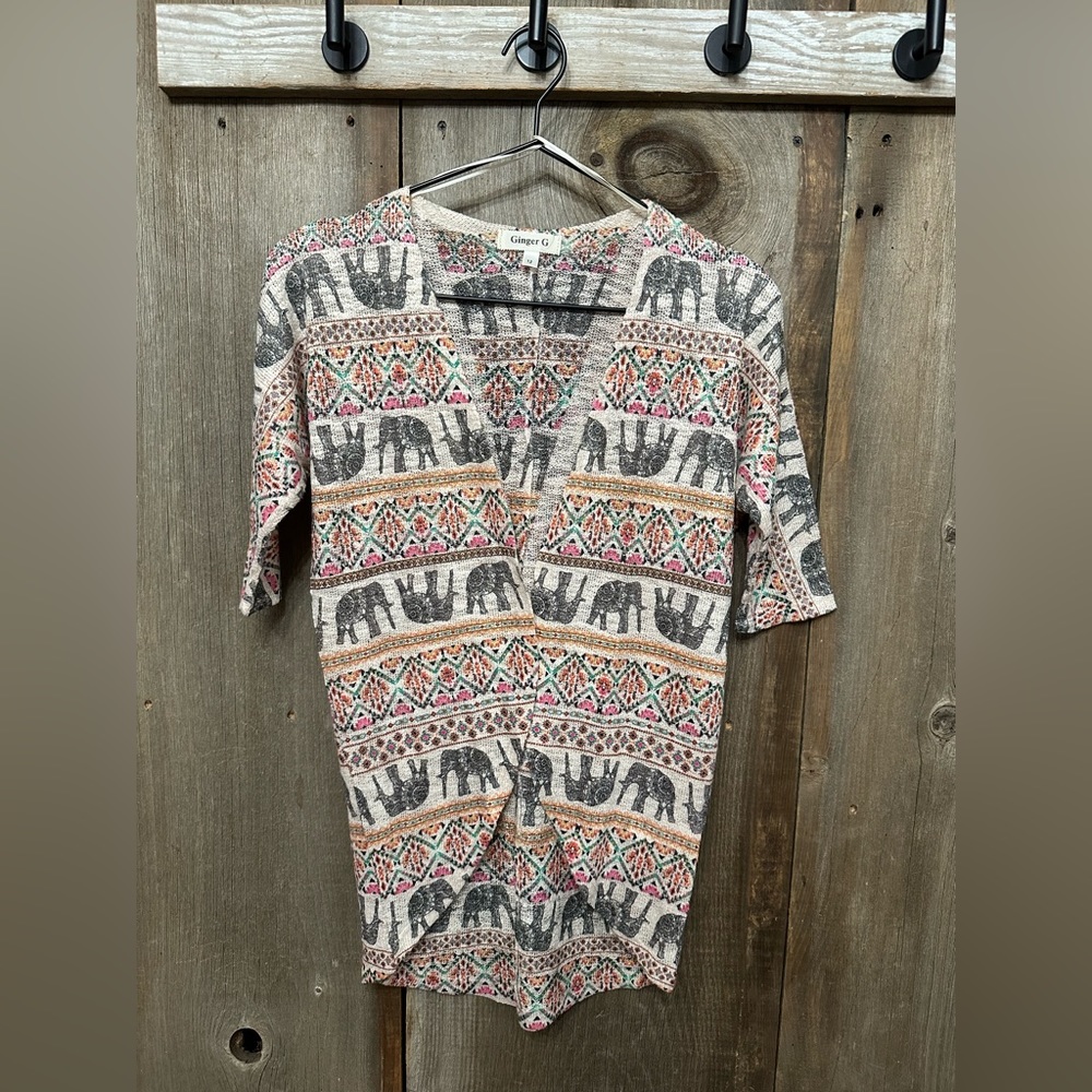 Ginger G Open Front Tribal Elephant Graphic Cardigan in Cream Size 12 Girls